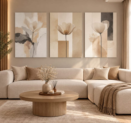 Set de 3 Tableaux Décoratifs abstraits et floraux aux tons neutres, beiges et bruns