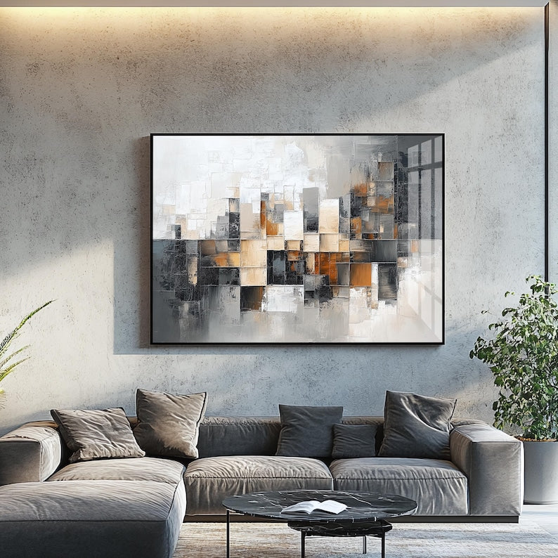 Tableau Abstrait Beige Or Noir neutre                             Tableau décoratif moderne