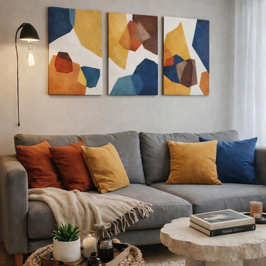Set de 3 Tableaux Décoratifs aux tons chauds et froids couleurs bleu profond, ocre, ambre, rouille et blanc