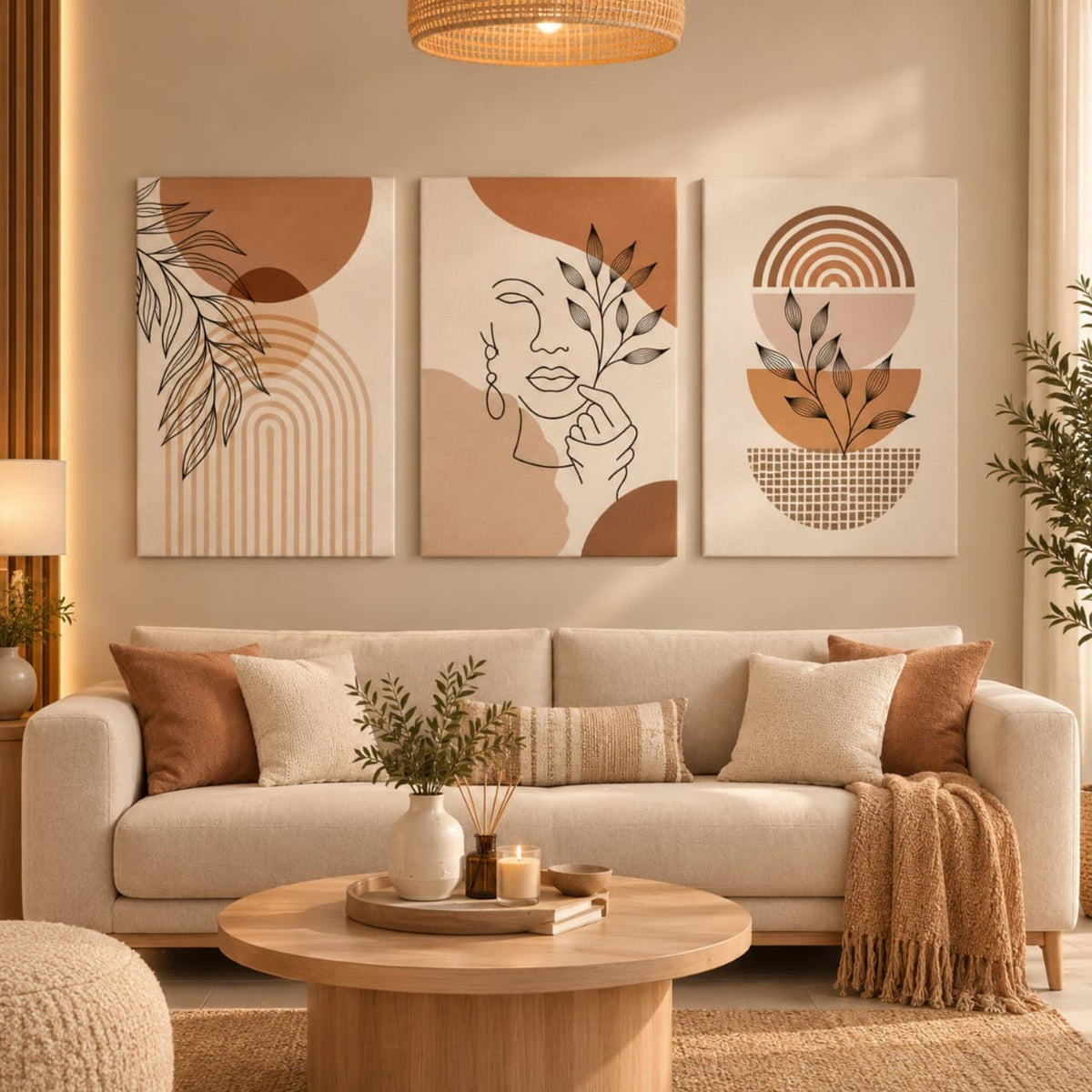 Set de 3 Tableaux Décoratifs aux tons terracotta, beige et noir