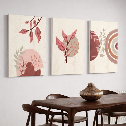 Set de 3 Tableaux Décoratifs d'arcs géométriques et des tons de terracotta, de beige et de vert sauge