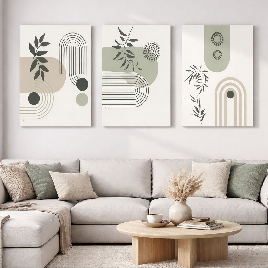 Set de 3 Tableaux Décoratifs aux motifs géométriques et de feuillage en vert sauge