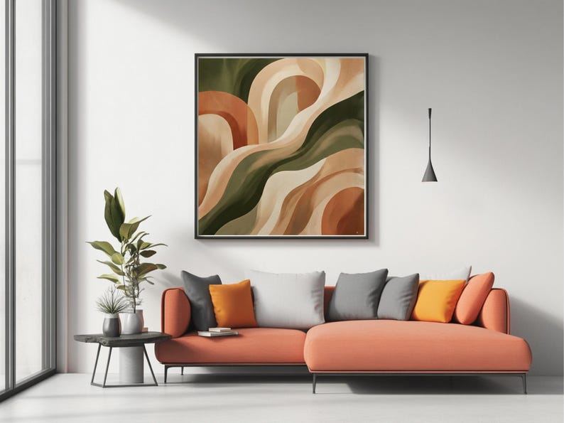 Tableau Vert Olive Sauge neutre, terre cuite abstrait, tons terreux