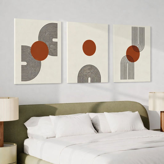 Set de 3 Tableaux Décoratifs composés de formes géométriques et d'arcs en terracotta et noir sur fond beige