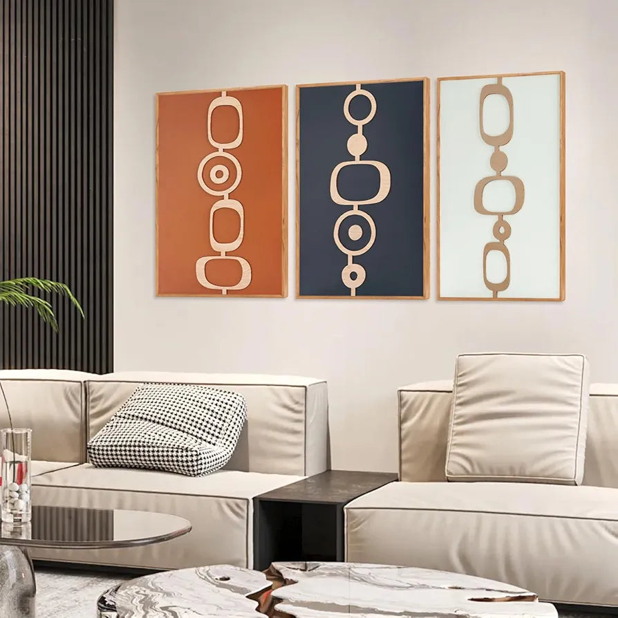 Ensemble d'œuvres d'art murales en bois encadrées 3D de style Mid-Century Modern