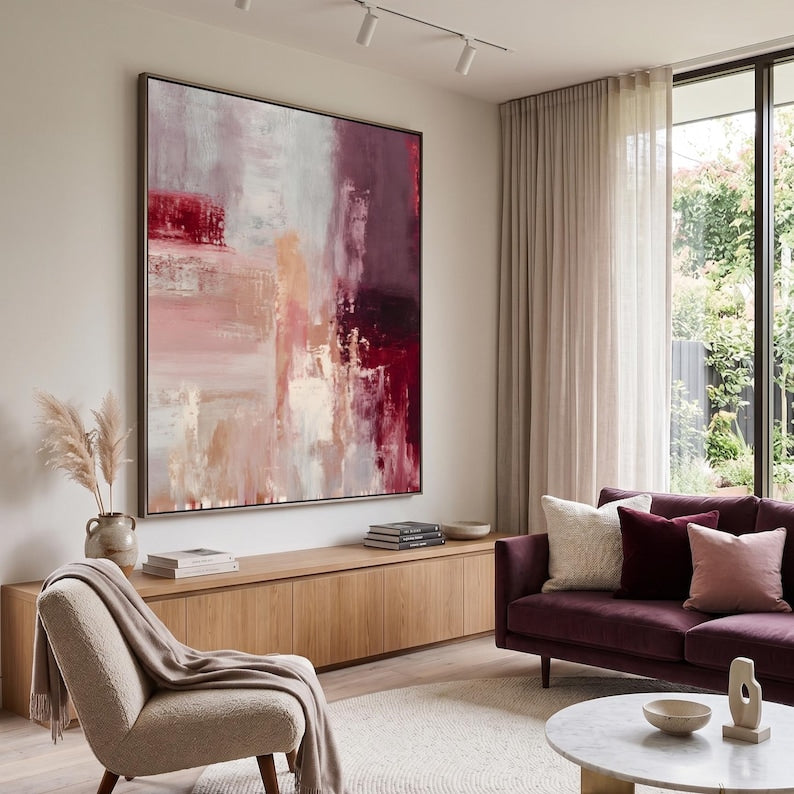 Tableau abstrait bordeaux et beige, impression texturée rouge vin profond