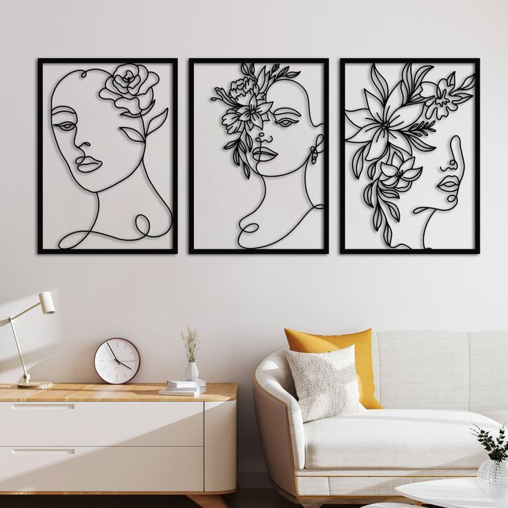 Décoration d'Intérieur en Bois 3 Pieces Flowers Women Dimensions 120 cm x 60 cm
