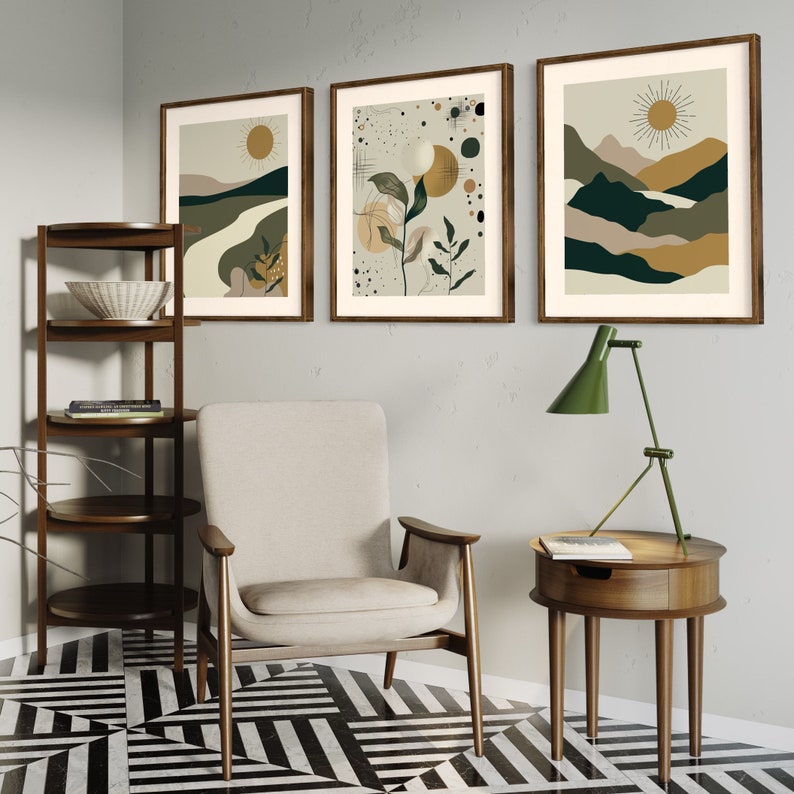 Lot de 3 Tableaux, art mural moderne du milieu du siècle