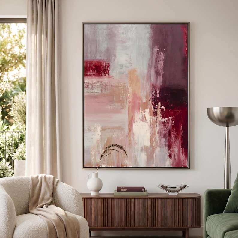 Tableau abstrait bordeaux et beige, impression texturée rouge vin profond
