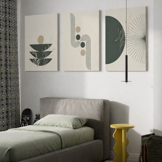 Set de 3 Tableaux Décoratifs arborant des motifs géométriques et des feuillages dans des tontes vert sauge et beige