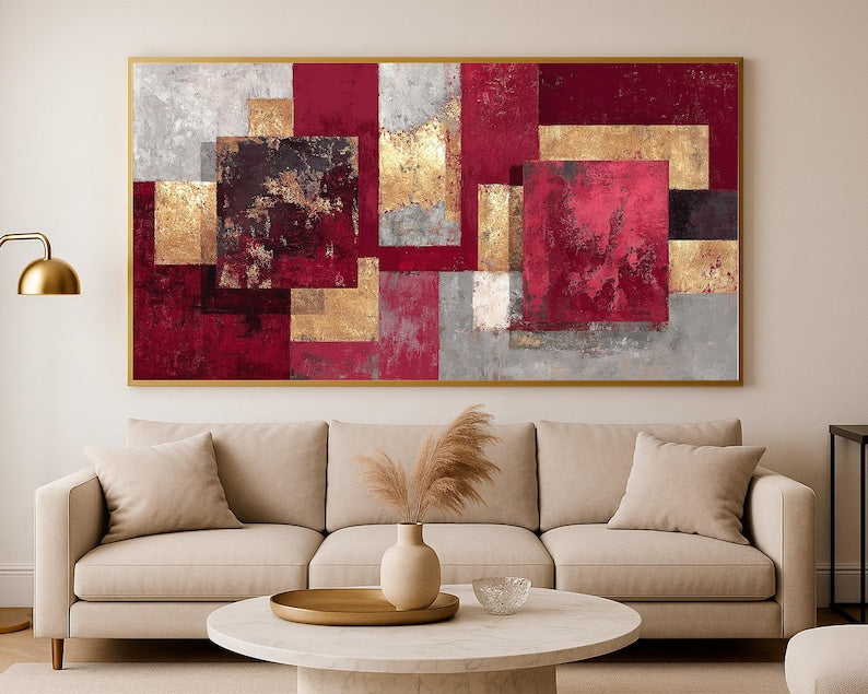Tableau Abstrait Rouge et Or  Tableau décoratif moderne
