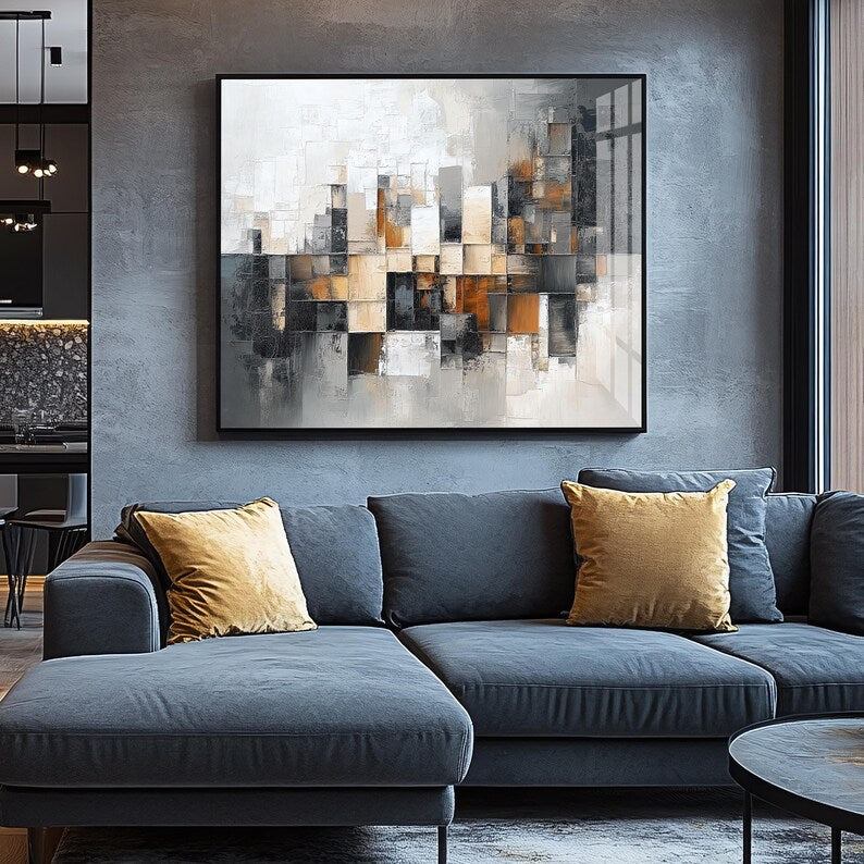 Tableau Abstrait Beige Or Noir neutre                             Tableau décoratif moderne