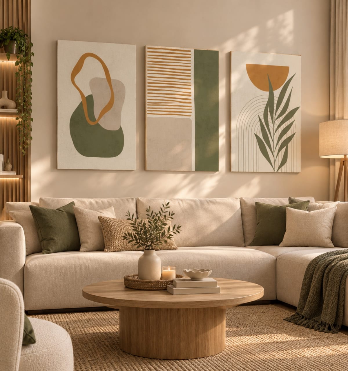 Set de 3 Tableaux Décoratifs avec des touches de vert sauge, de terracotta et de beige