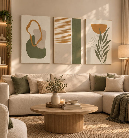 Set de 3 Tableaux Décoratifs avec des touches de vert sauge, de terracotta et de beige