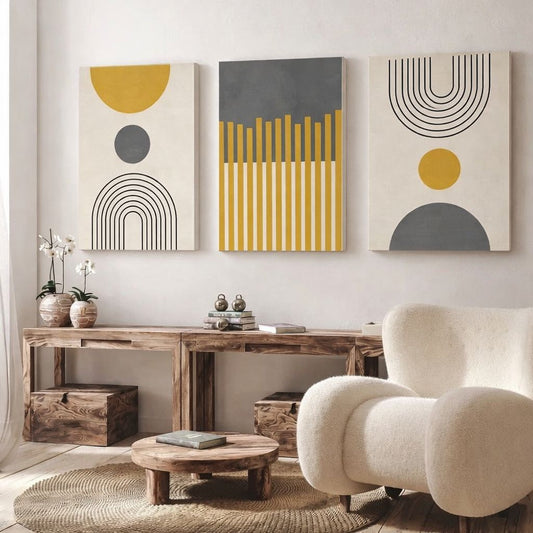 Set de 3 Tableaux Décoratifs bohème aux tons jaune moutarde, gris et beige