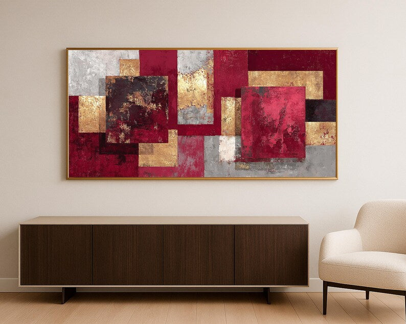 Tableau Abstrait Rouge et Or  Tableau décoratif moderne