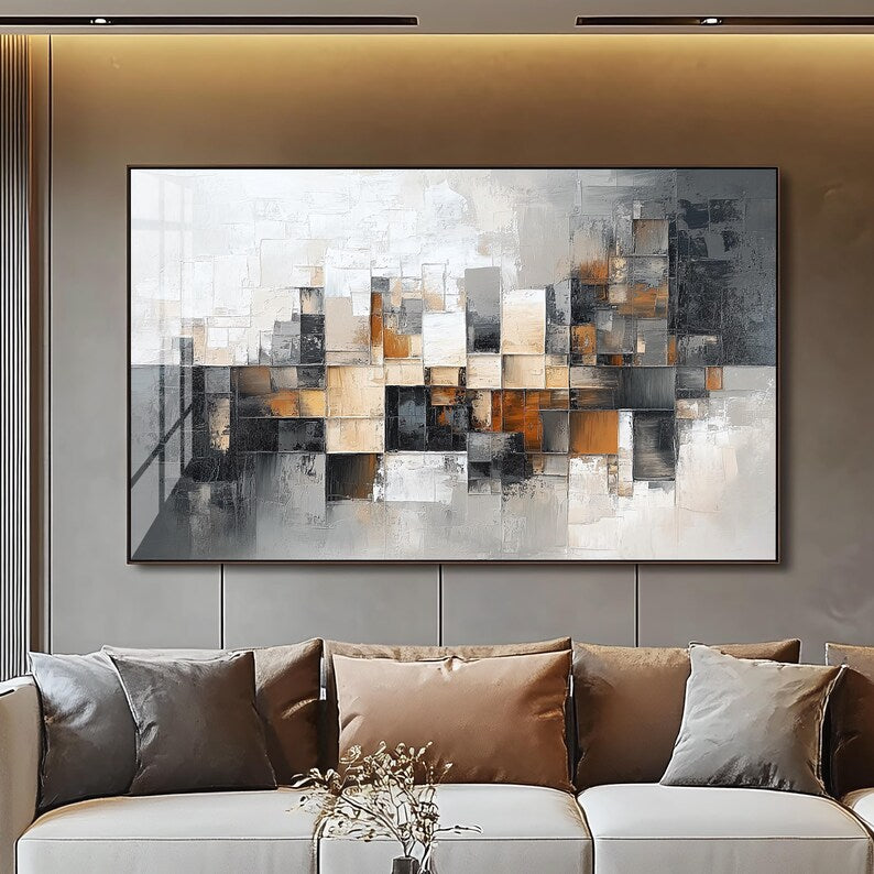 Tableau Abstrait Beige Or Noir neutre                             Tableau décoratif moderne