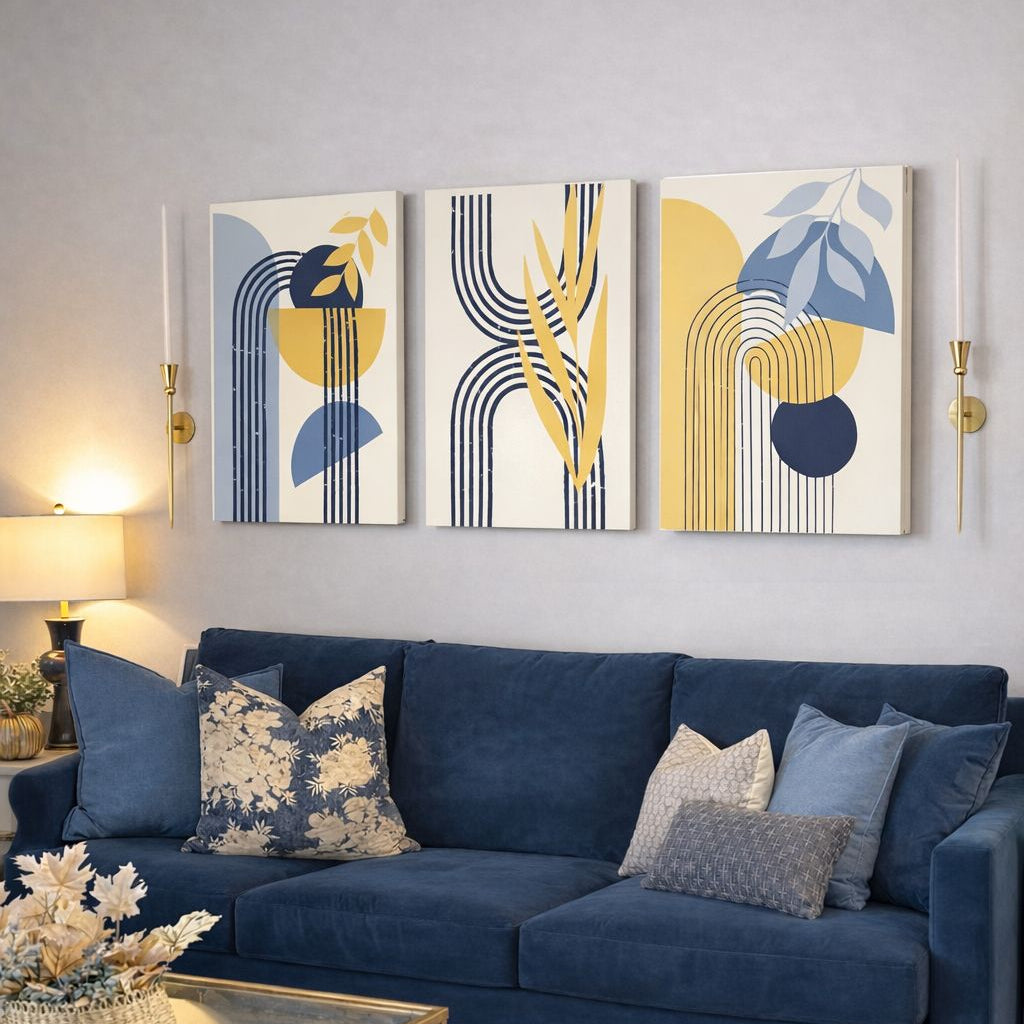 Set de 3 Tableaux aux tons bleu marine, jaune et beige