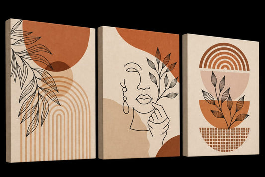 Set de 3 Tableaux Décoratifs aux tons terracotta, beige et noir