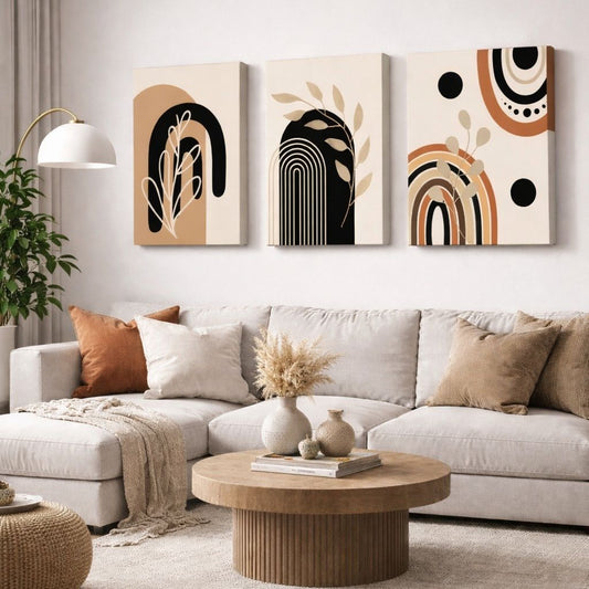 Set de 3 Tableaux Bohème en beige, noir, ocre et terracotta