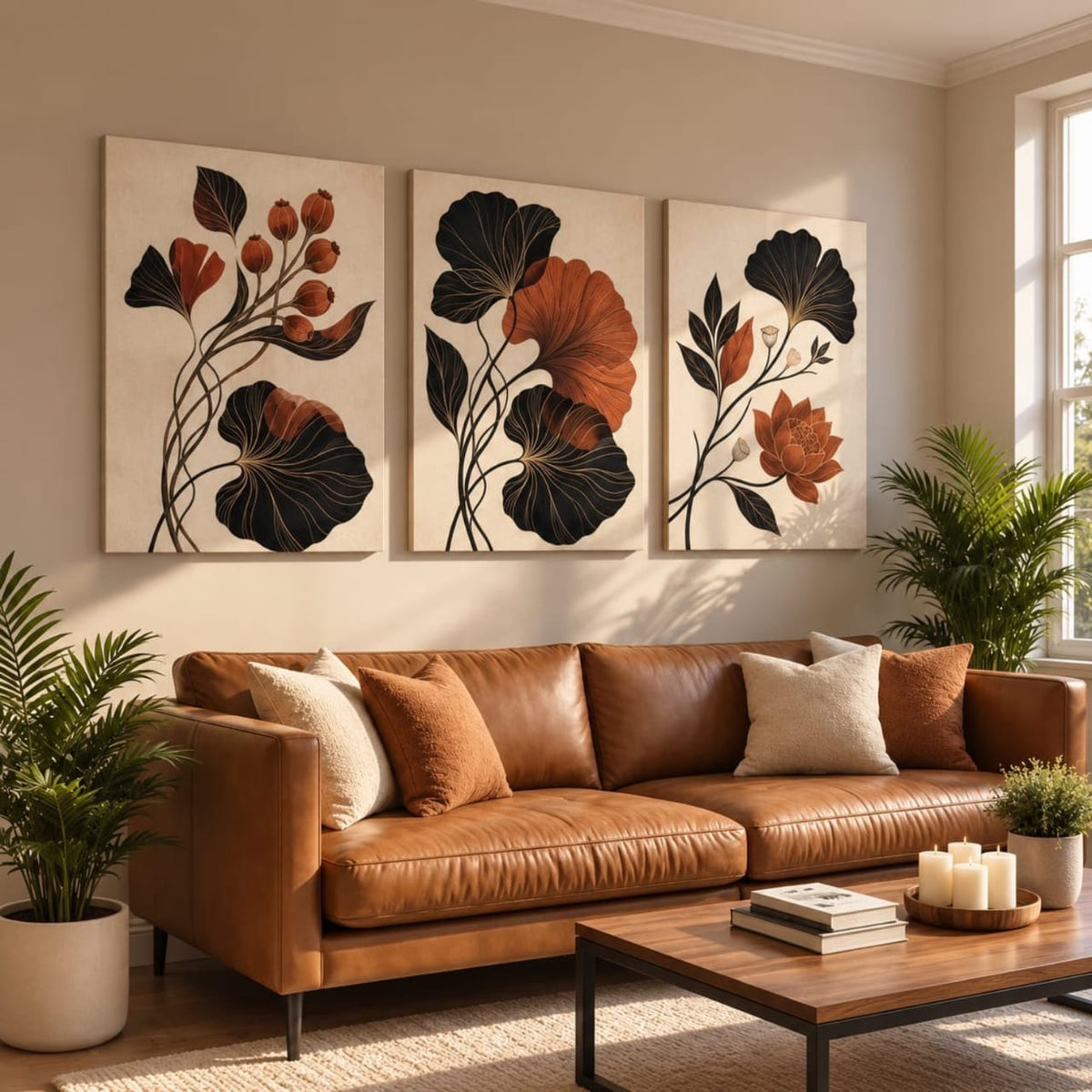 Set de 3 Tableaux Décoratifs dans des tons terracotta, noir et beige