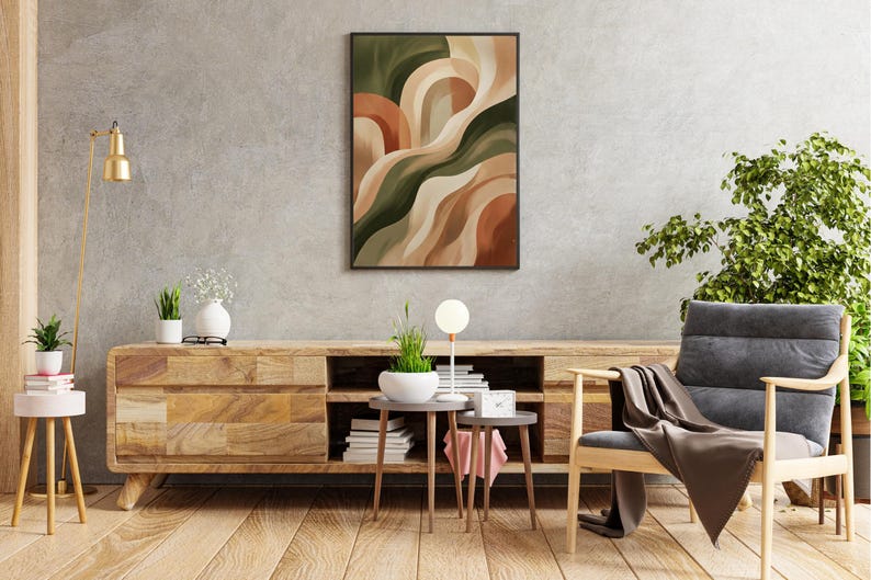 Tableau Vert Olive Sauge neutre, terre cuite abstrait, tons terreux
