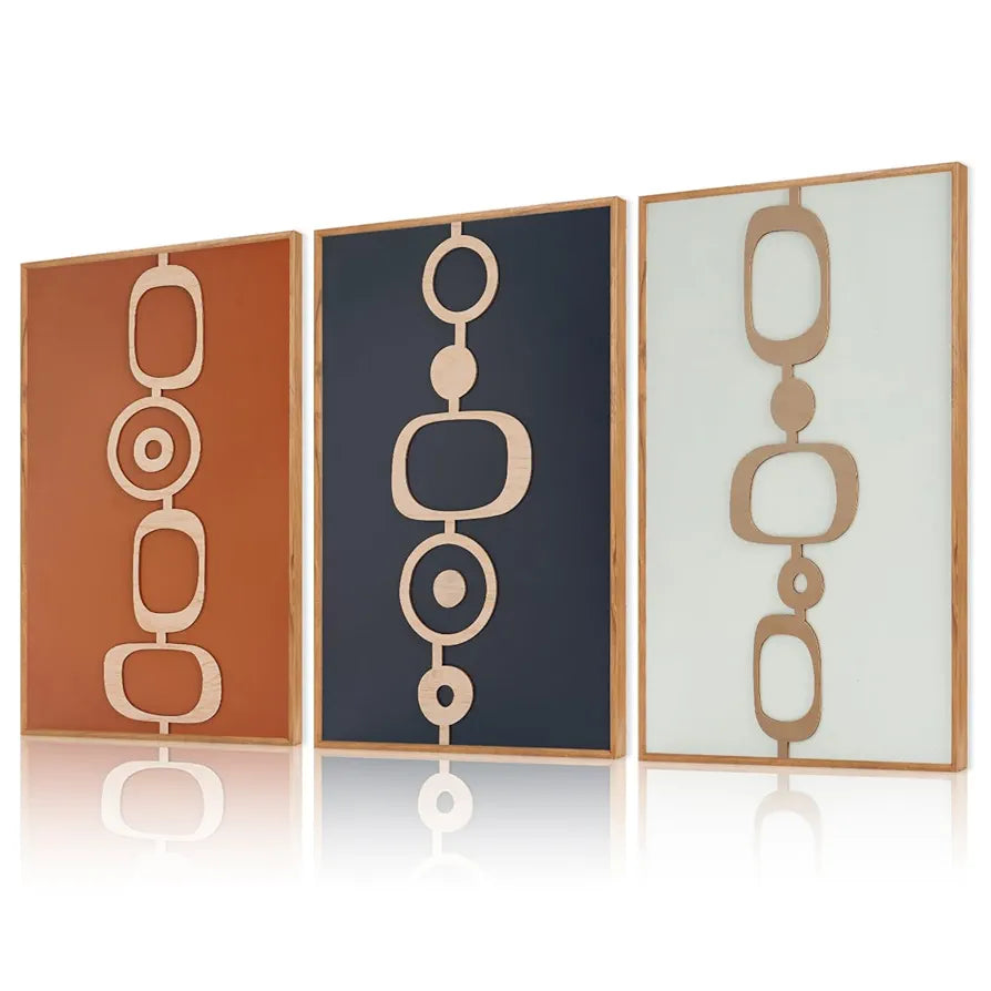 Ensemble d'œuvres d'art murales en bois encadrées 3D de style Mid-Century Modern