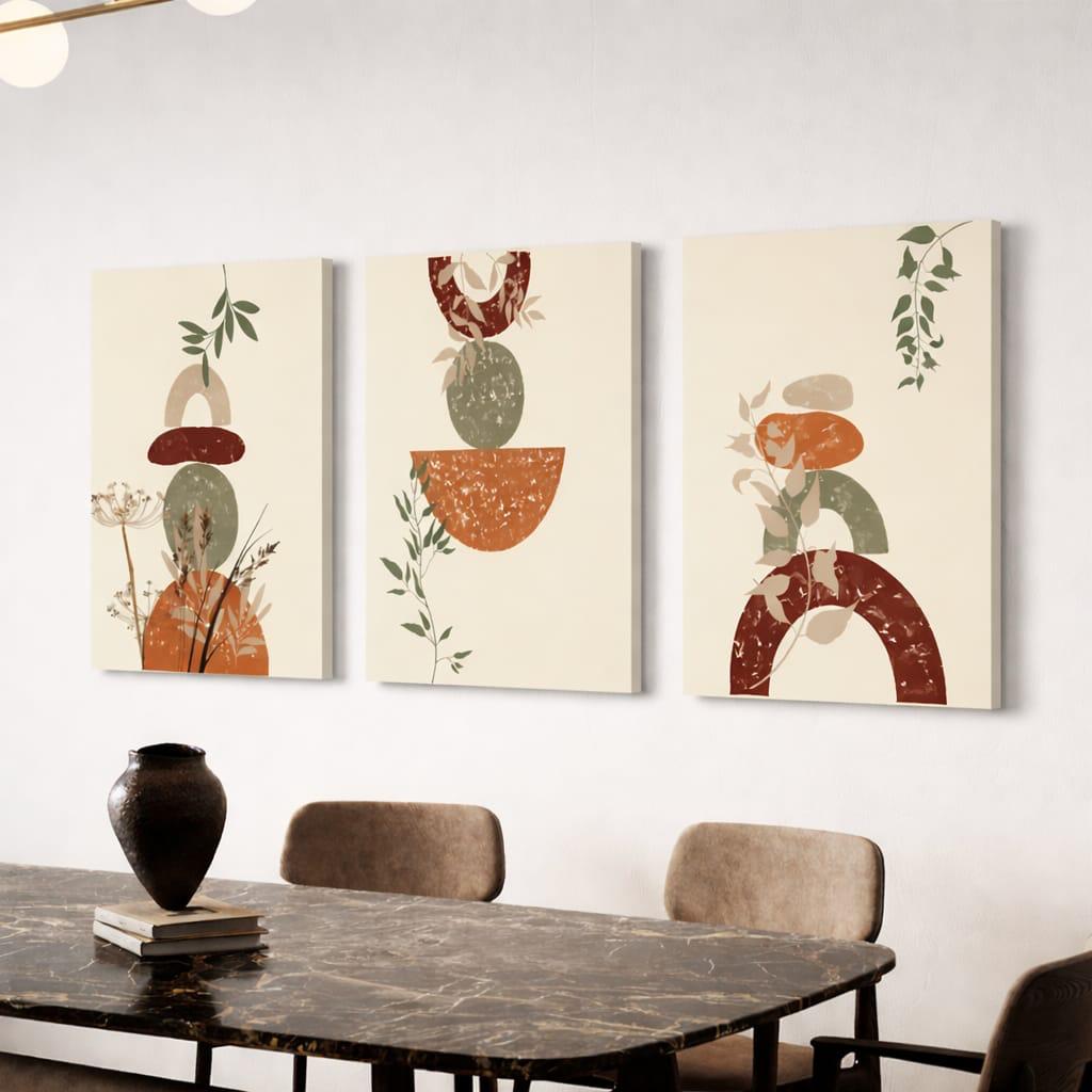 Set de 3 Tableaux Boho abstrait aux tons terreux de terracotta et de vert sauge