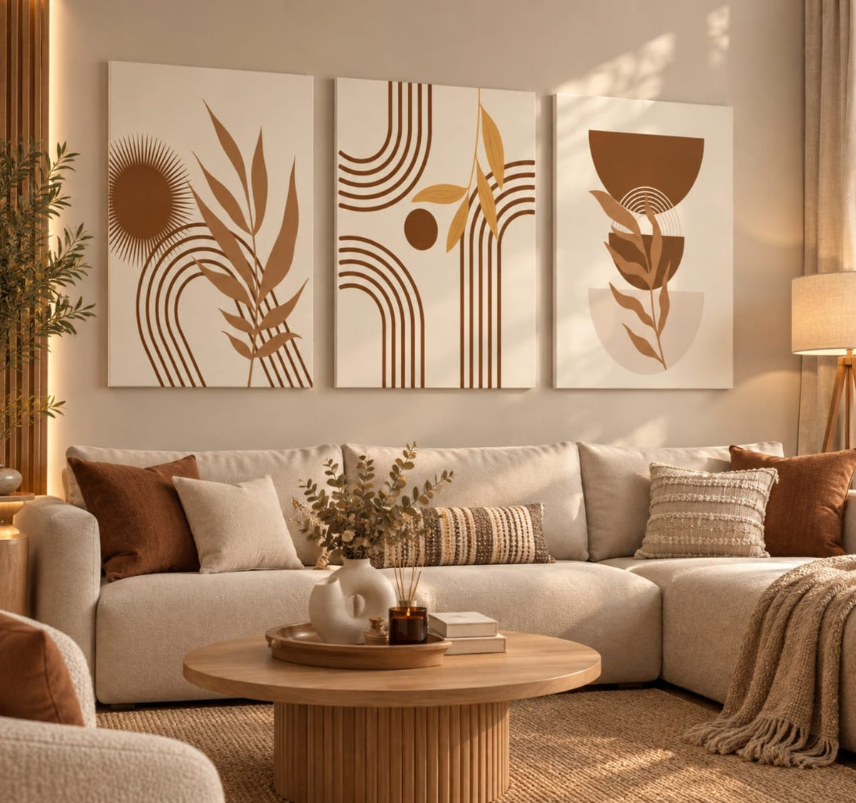 Set de 3 Tableaux Décoratifs dans des teintes chaudes de terracotta, de brun et de beige