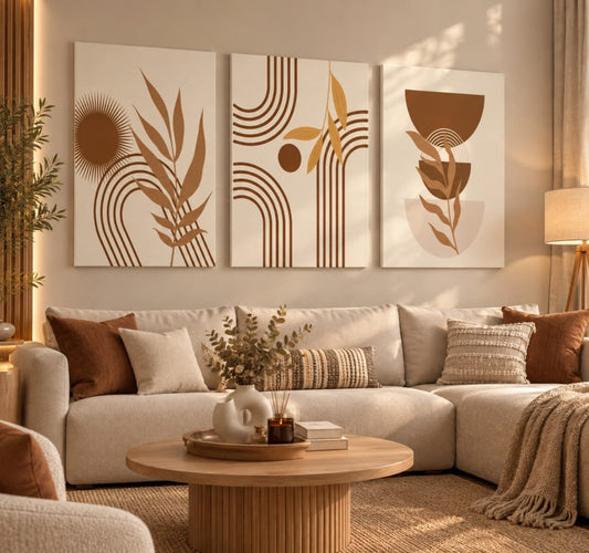 Set de 3 Tableaux Décoratifs dans des teintes chaudes de terracotta, de brun et de beige