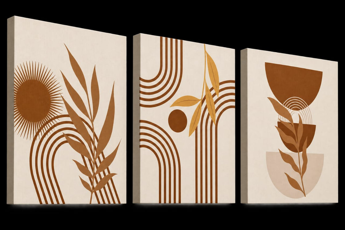 Set de 3 Tableaux Décoratifs dans des teintes chaudes de terracotta, de brun et de beige
