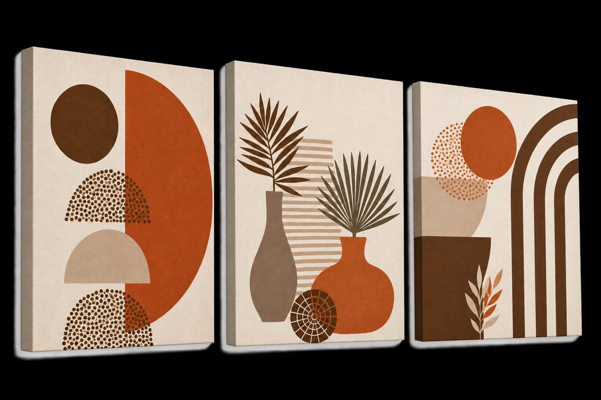 Set de 3 Tableaux Bohèmes avec des motifs géométriques et des vases botaniques dans des tons terracotta, beige et marron