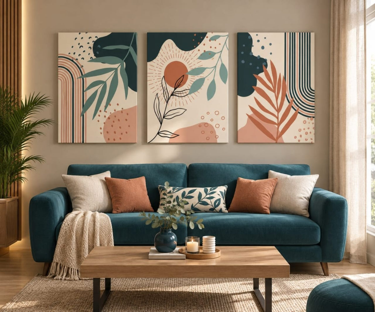 Set de 3 Tableaux Décoratifs apporte une ambiance chaleureuse et artistique grâce à sa palette de couleurs terracotta, rose poudré et bleu canard