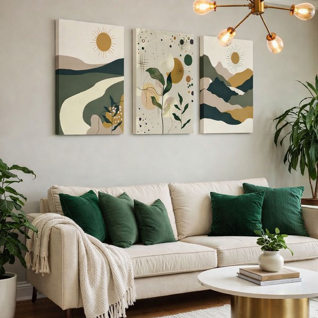 Set de 3 Tableaux Décoratifs bohème/nordique aux tons vert sauge, beige et ocre