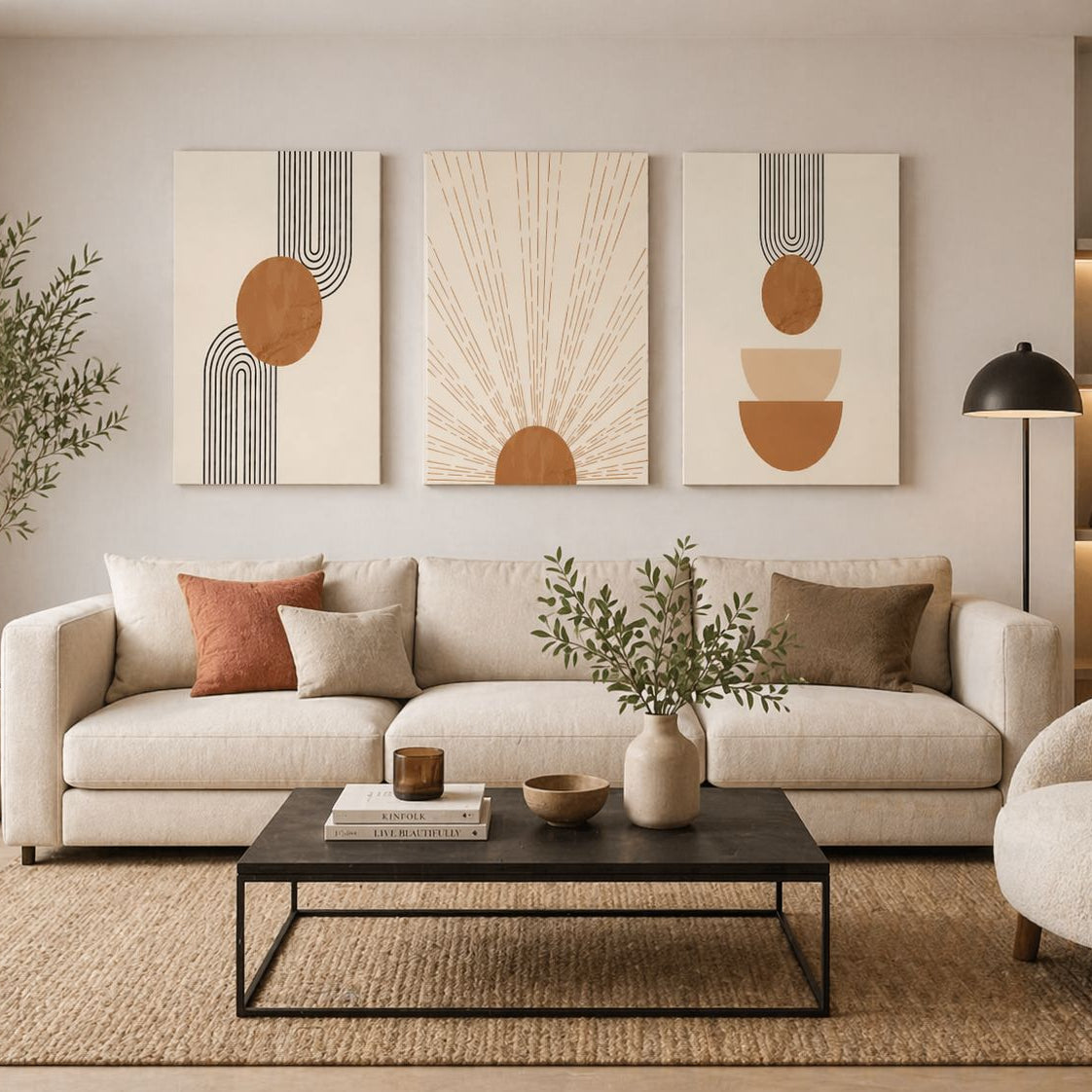 Set de 3 Tableaux Décoratifs jouant sur des motifs de soleil dans des tons beige et terracotta