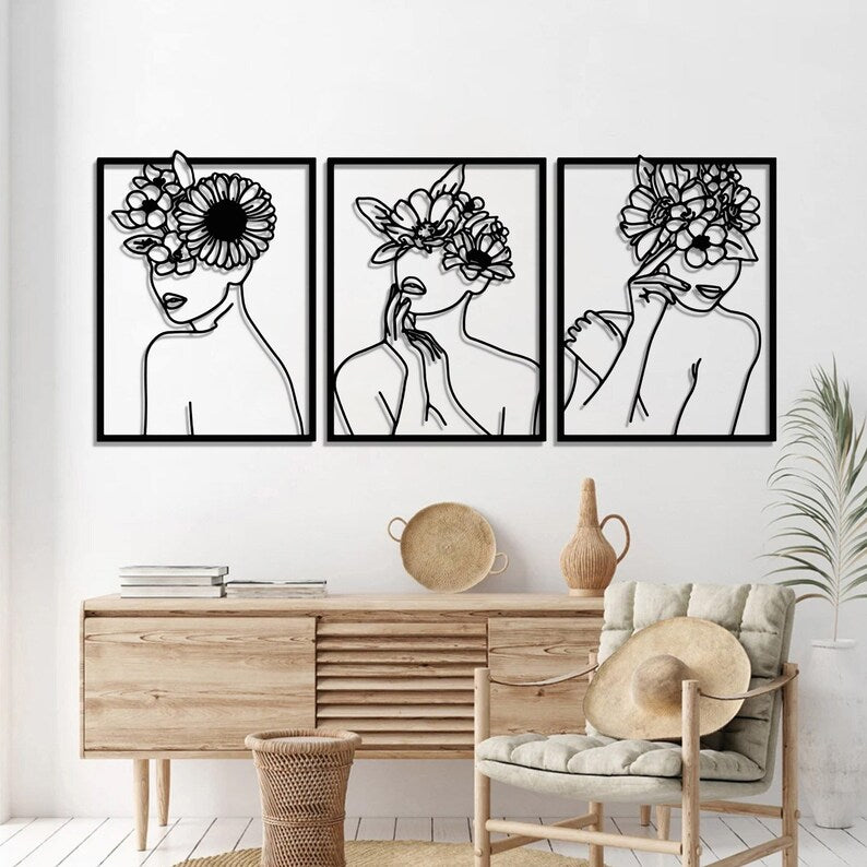 Décoration Murale 3 pièces flowers Women Dimensions 120 cm x 60 cm