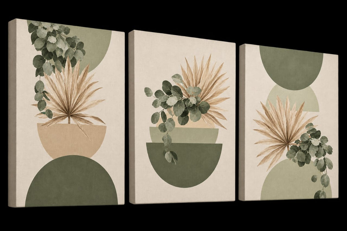 Set de 3 Tableaux Décoratifs aux tons vert sauge, beige et ocre