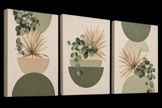 Set de 3 Tableaux Décoratifs aux tons vert sauge, beige et ocre