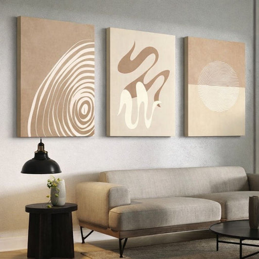 Set de 3 Tableaux Décoratifs bohème minimaliste dans des tons beiges et marron clair