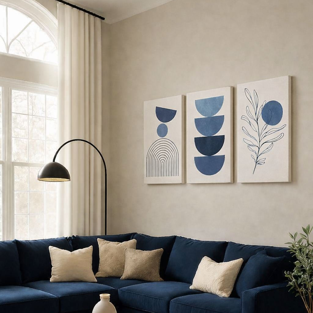 Ensemble de 3 Tableaux décoratives abstraites géométriques botaniques à motifs de cercles bleus