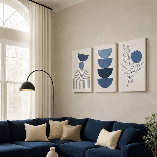 Ensemble de 3 Tableaux décoratives abstraites géométriques botaniques à motifs de cercles bleus